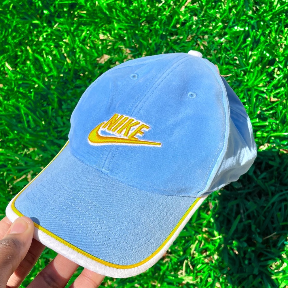Baby blue  suede based Nike cap with yellow